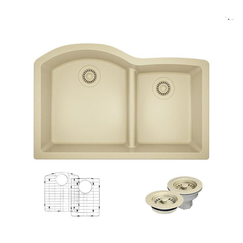 Rene 33" Composite Granite Kitchen Sink, 60/40 Double Bowl, Ecru, R3-1008-ECR-ST-CGF
