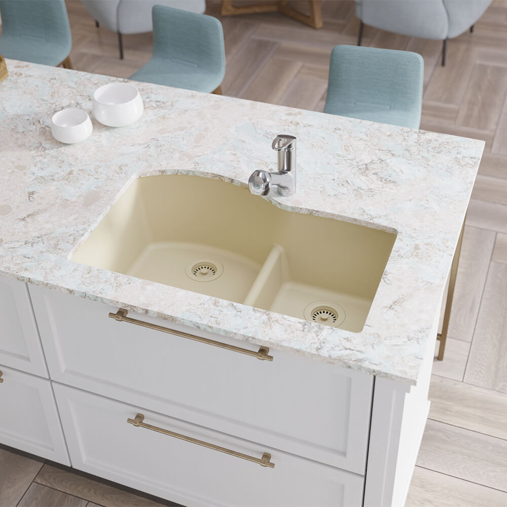 Rene 33" Composite Granite Kitchen Sink, 60/40 Double Bowl, Ecru, R3-1008-ECR-ST-CGF - The Sink Boutique