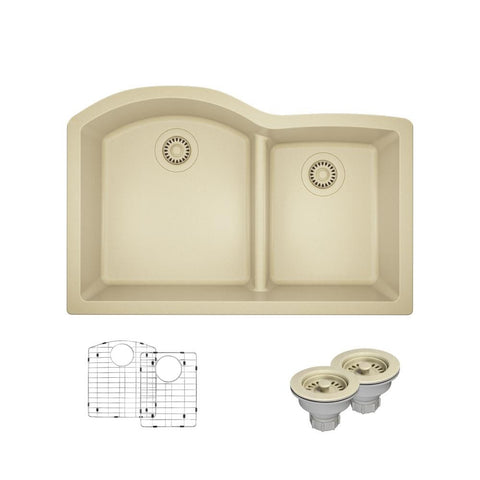 Rene 33" Composite Granite Kitchen Sink, 60/40 Double Bowl, Ecru, R3-1008-ECR-ST-CGS