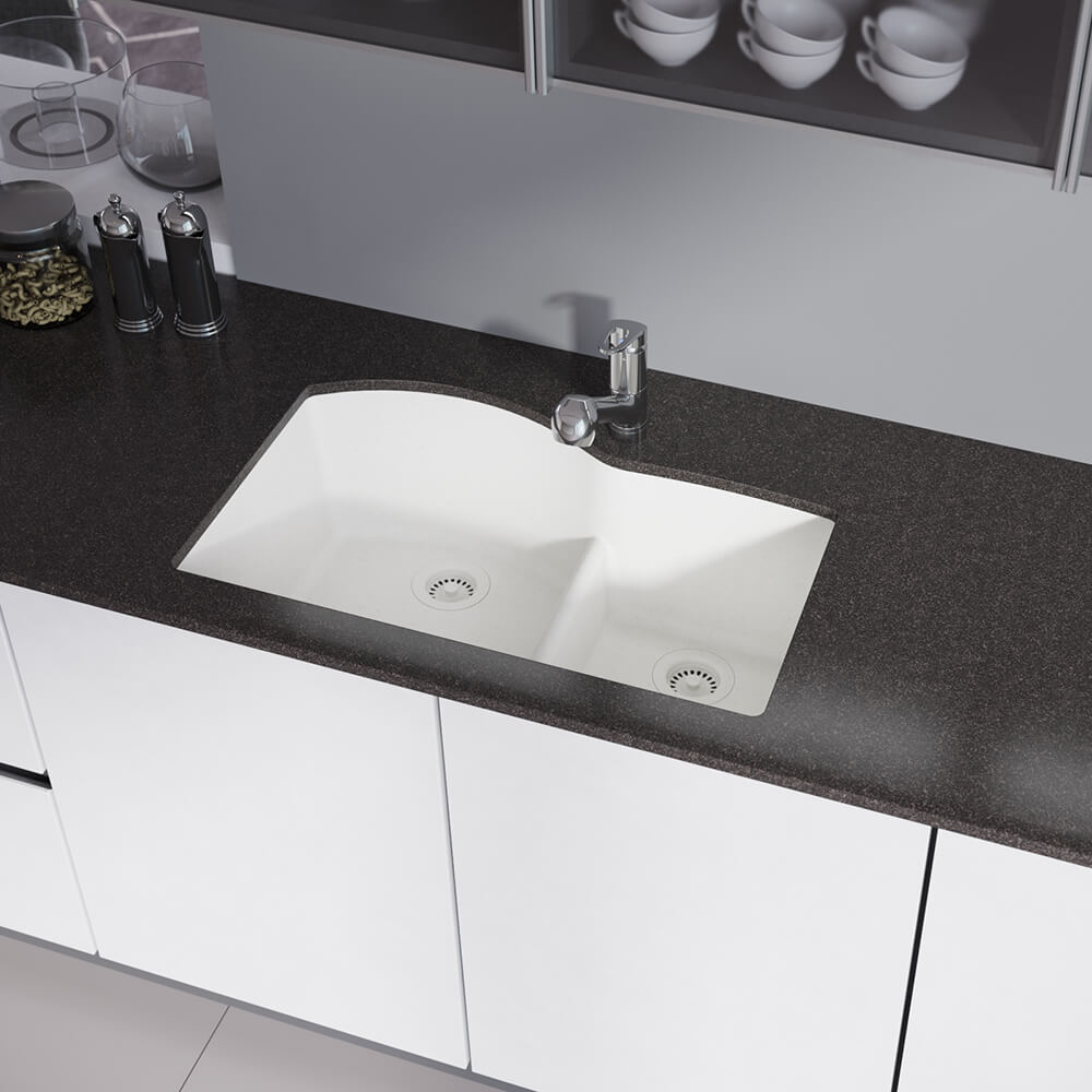 Rene 33" Composite Granite Kitchen Sink, 60/40 Double Bowl, Ivory, R3-1008-IVR-ST-CGS - The Sink Boutique