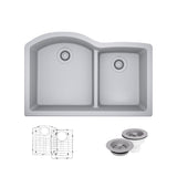 Rene 33" Composite Granite Kitchen Sink, 60/40 Double Bowl, Pewter, R3-1008-PWT-ST-CGF