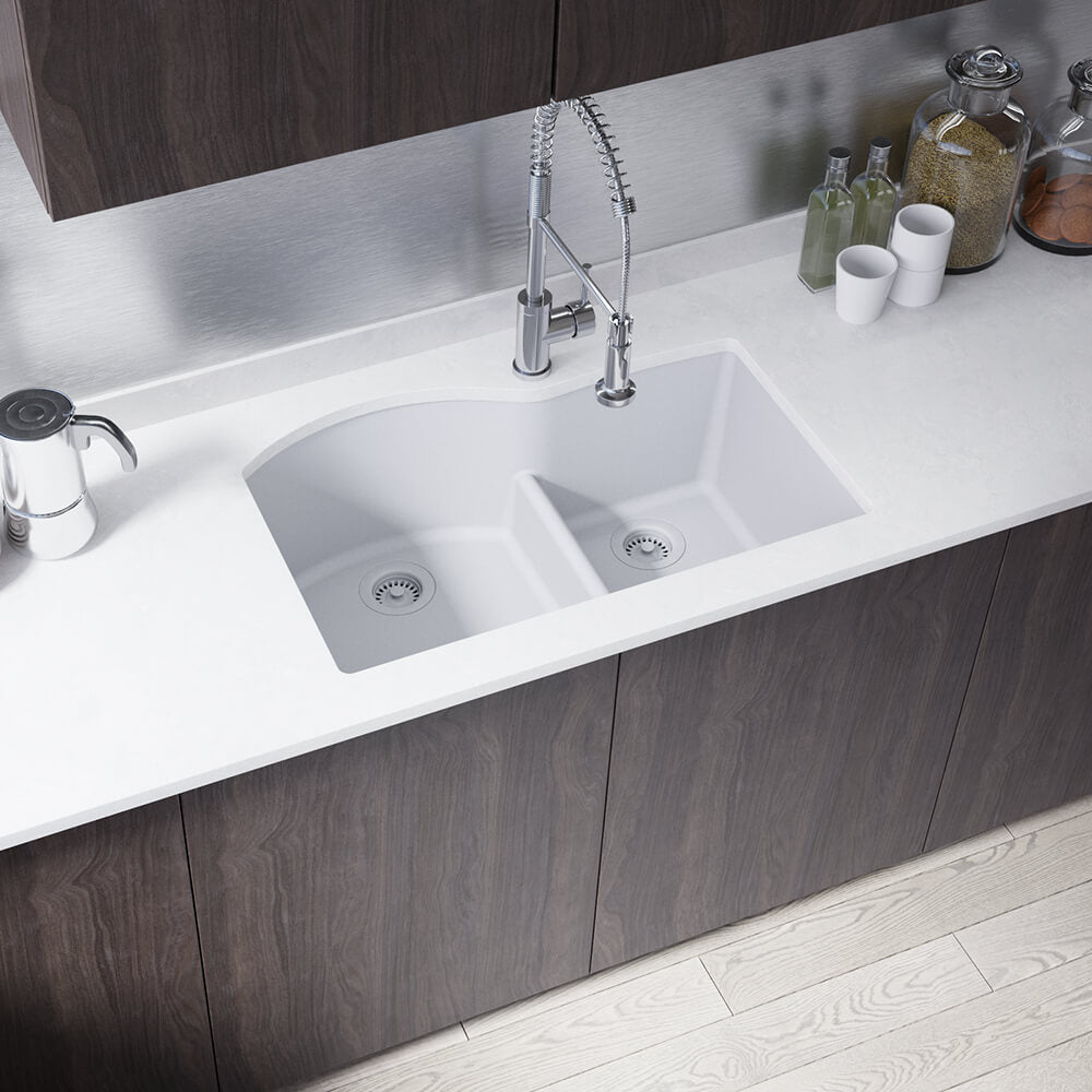 Rene 33" Composite Granite Kitchen Sink, 60/40 Double Bowl, Pewter, R3-1008-PWT-ST-CGF - The Sink Boutique