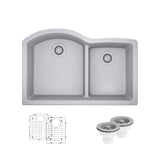 Rene 33" Composite Granite Kitchen Sink, 60/40 Double Bowl, Pewter, R3-1008-PWT-ST-CGS