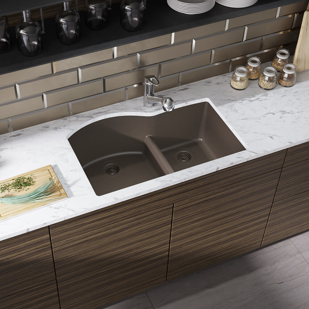 Rene 33" Composite Granite Kitchen Sink, 60/40 Double Bowl, Umber, R3-1008-UMB-ST-CGS - The Sink Boutique