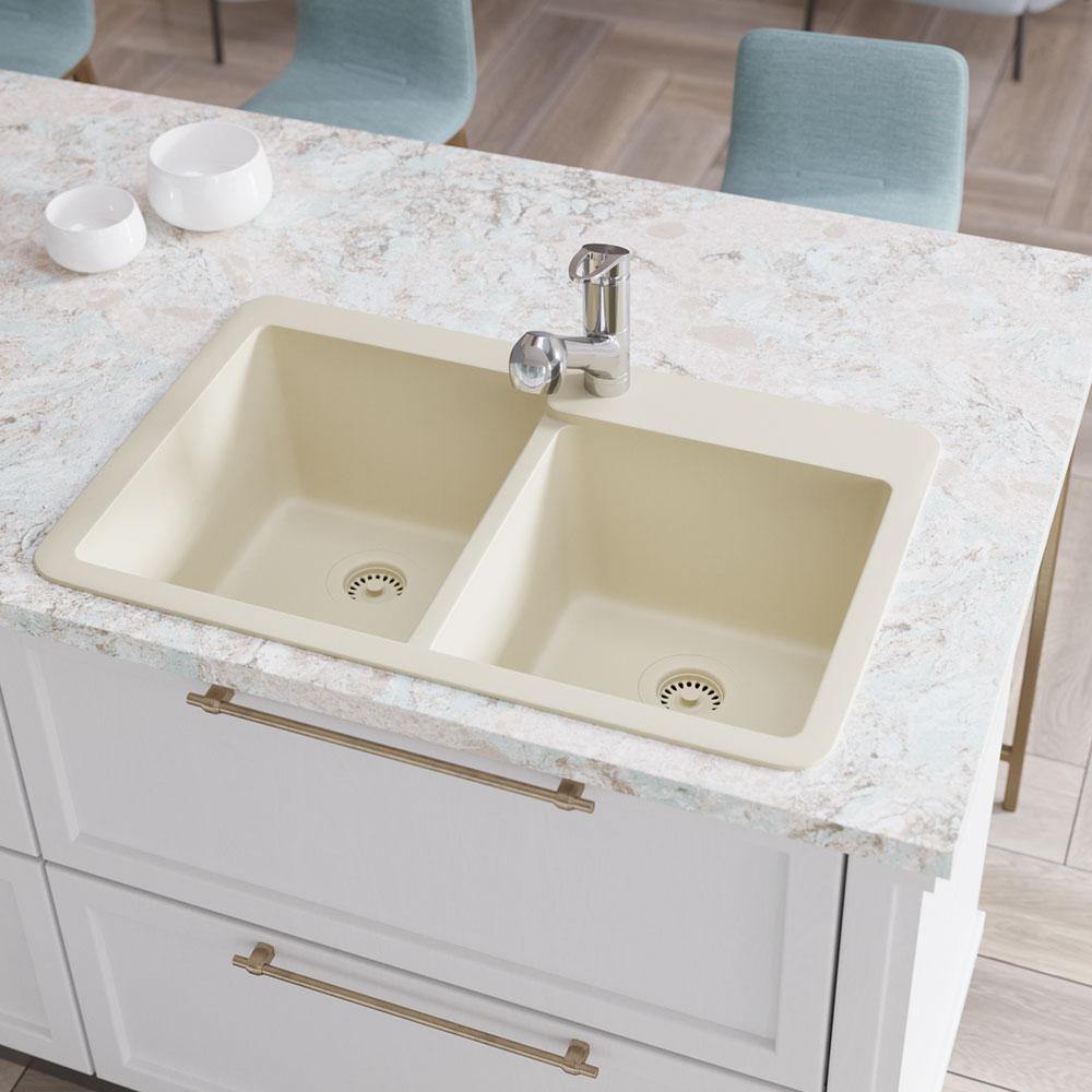 Rene 33" Composite Granite Kitchen Sink, 60/40 Double Bowl, Ecru, R3-2001-ECR-ST-CGF - The Sink Boutique