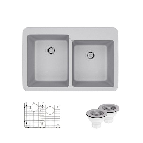 Rene 33" Composite Granite Kitchen Sink, 60/40 Double Bowl, Pewter, R3-2001-PWT-ST-CGS