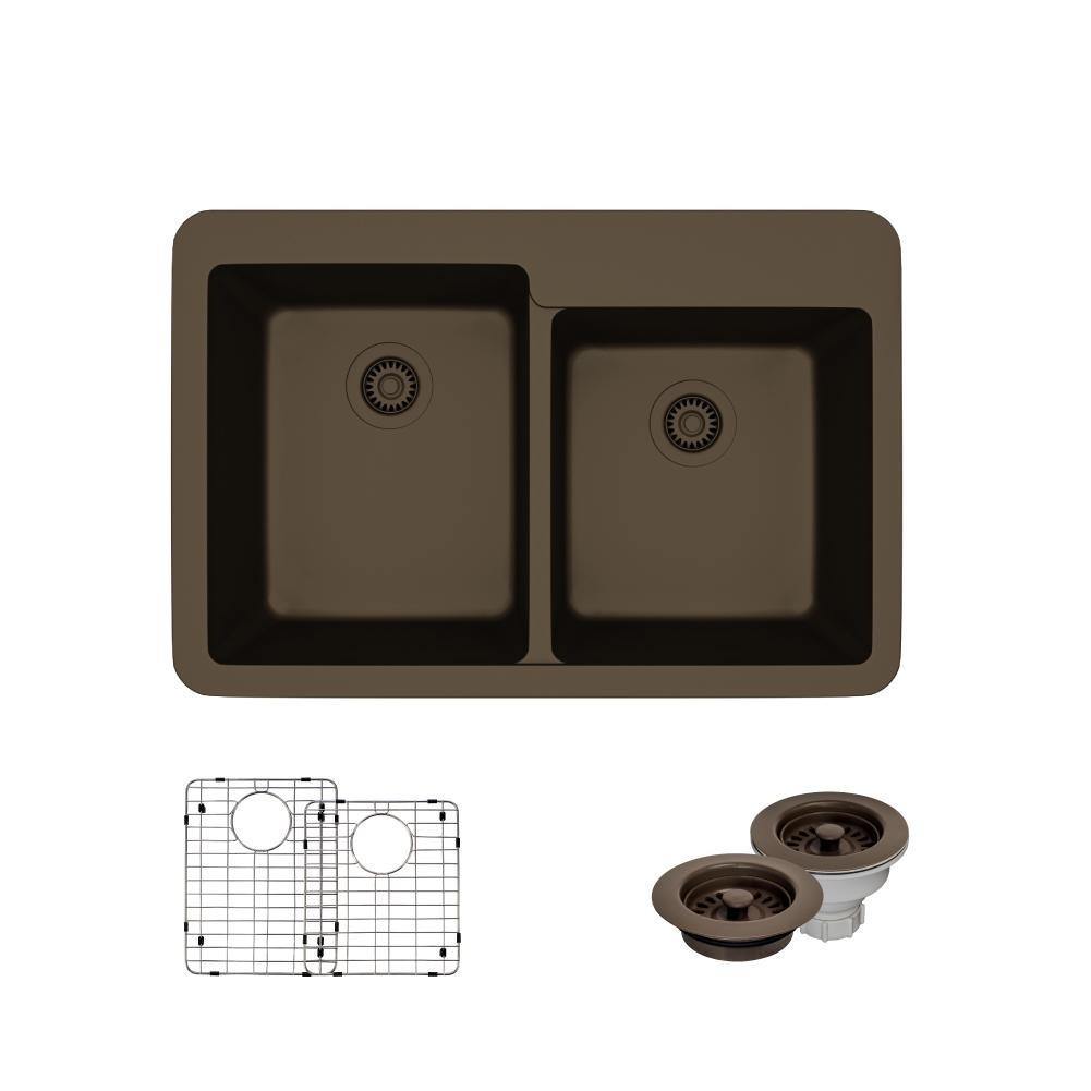 Rene 33" Composite Granite Kitchen Sink, 60/40 Double Bowl, Umber, R3-2001-UMB-ST-CGF