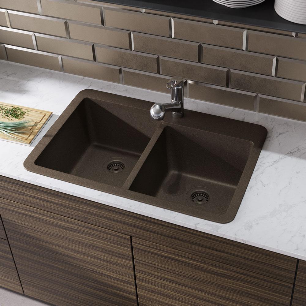 Rene 33" Composite Granite Kitchen Sink, 60/40 Double Bowl, Umber, R3-2001-UMB-ST-CGS - The Sink Boutique