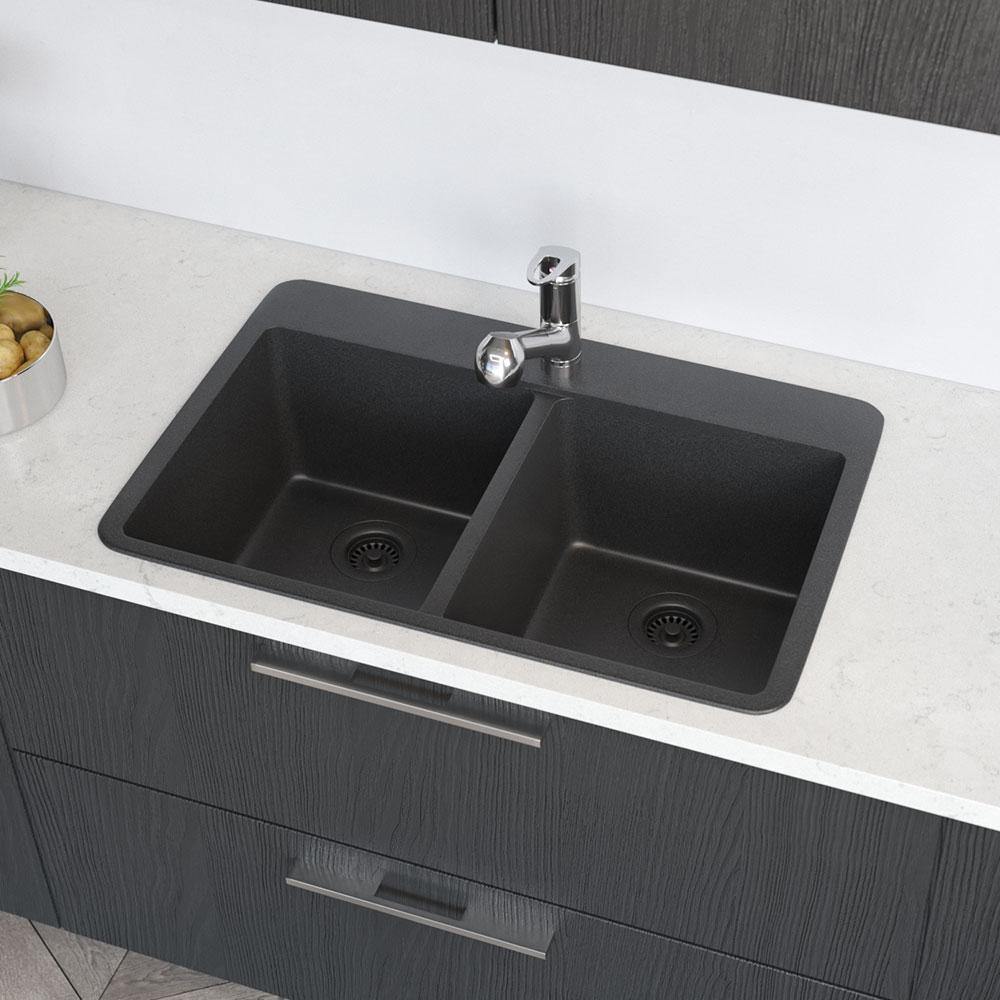 Rene 33" Composite Granite Kitchen Sink, 50/50 Double Bowl, Carbon, R3-2002-CAR-ST-CGF - The Sink Boutique
