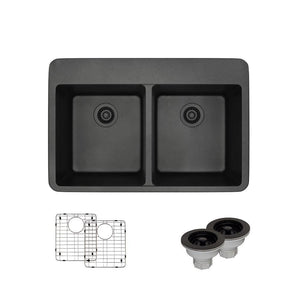 Alternate Image for Rene 33" Composite Granite Kitchen Sink, 50/50 Double Bowl, Carbon, R3-2002-CAR-ST-CGS