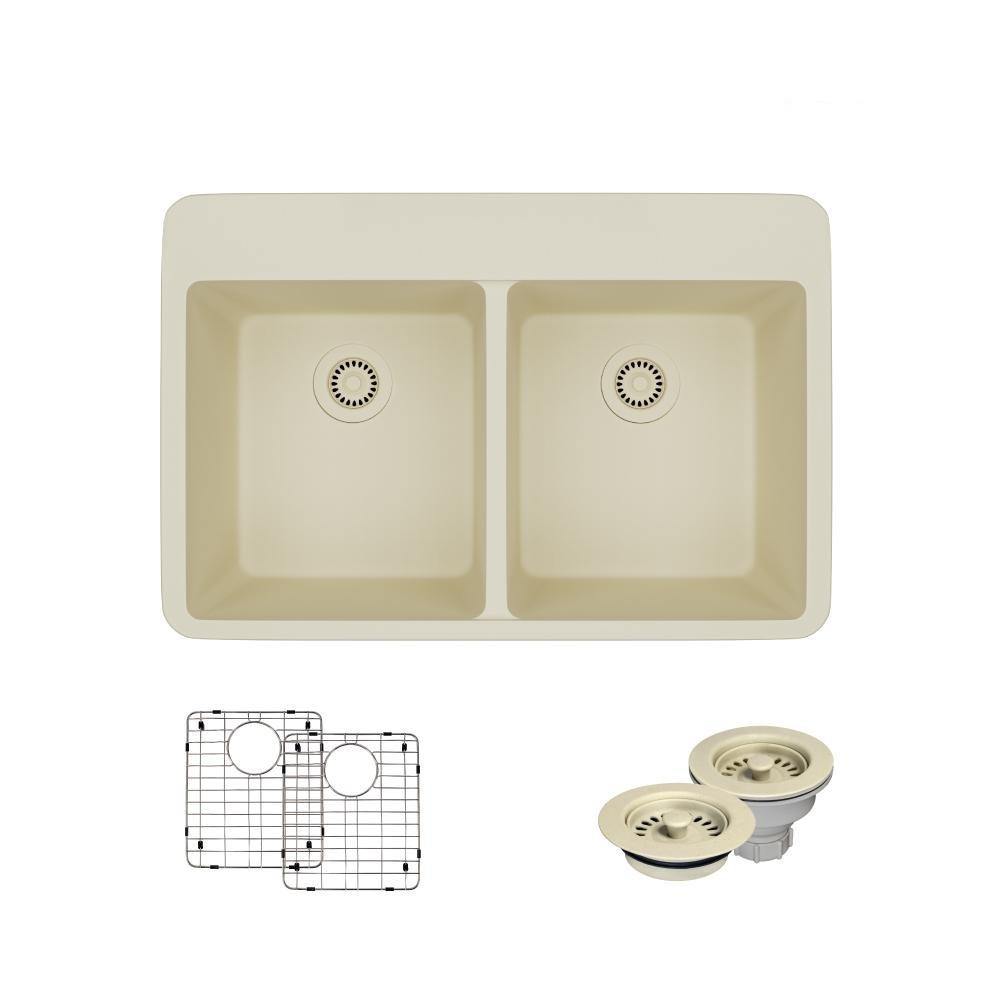 Rene 33" Composite Granite Kitchen Sink, 50/50 Double Bowl, Ecru, R3-2002-ECR-ST-CGF