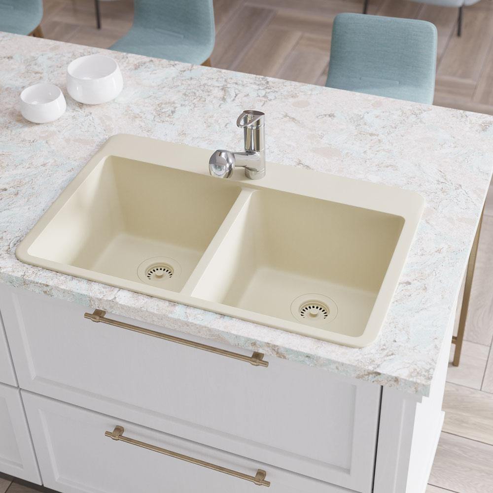 Rene 33" Composite Granite Kitchen Sink, 50/50 Double Bowl, Ecru, R3-2002-ECR-ST-CGF - The Sink Boutique