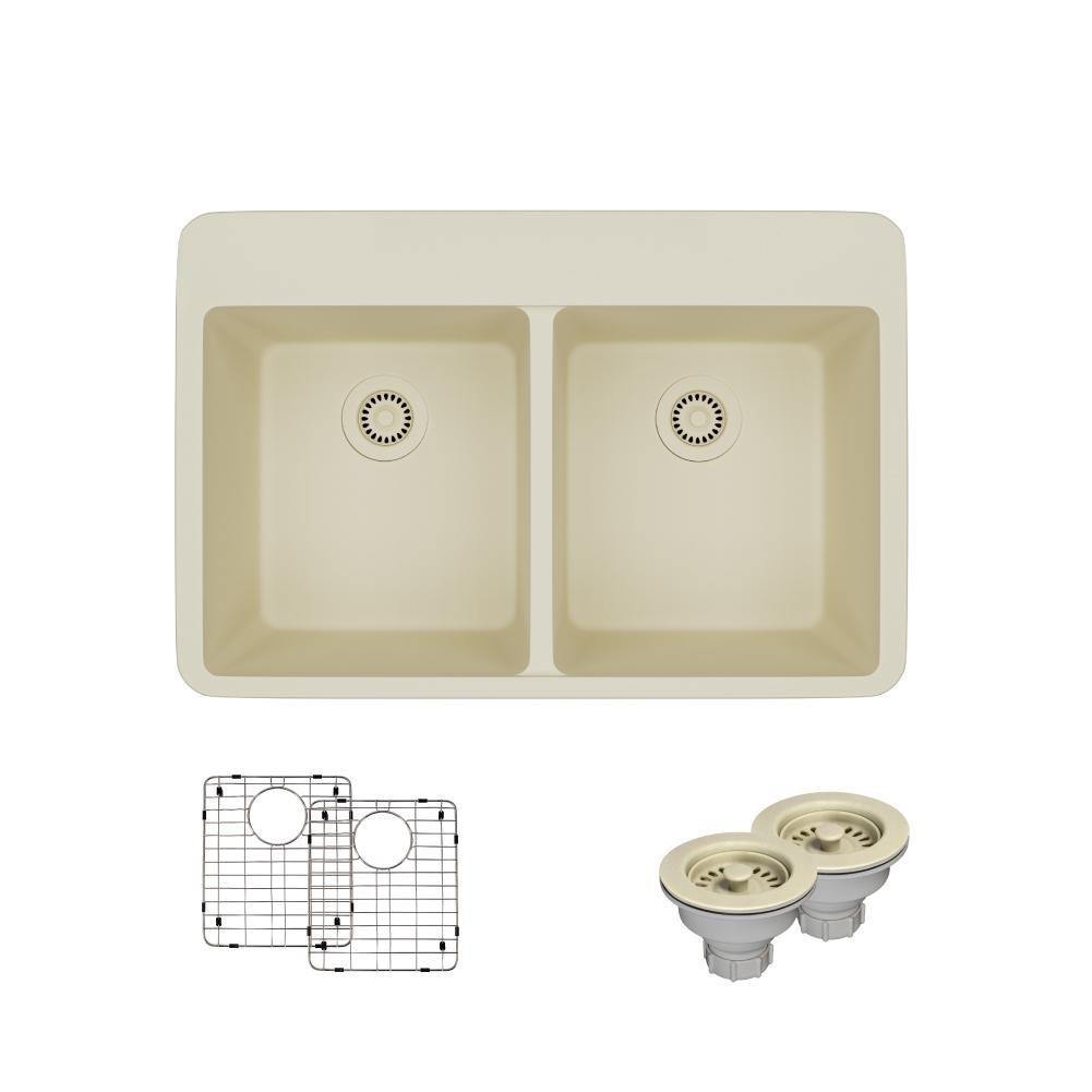 Rene 33" Composite Granite Kitchen Sink, 50/50 Double Bowl, Ecru, R3-2002-ECR-ST-CGS