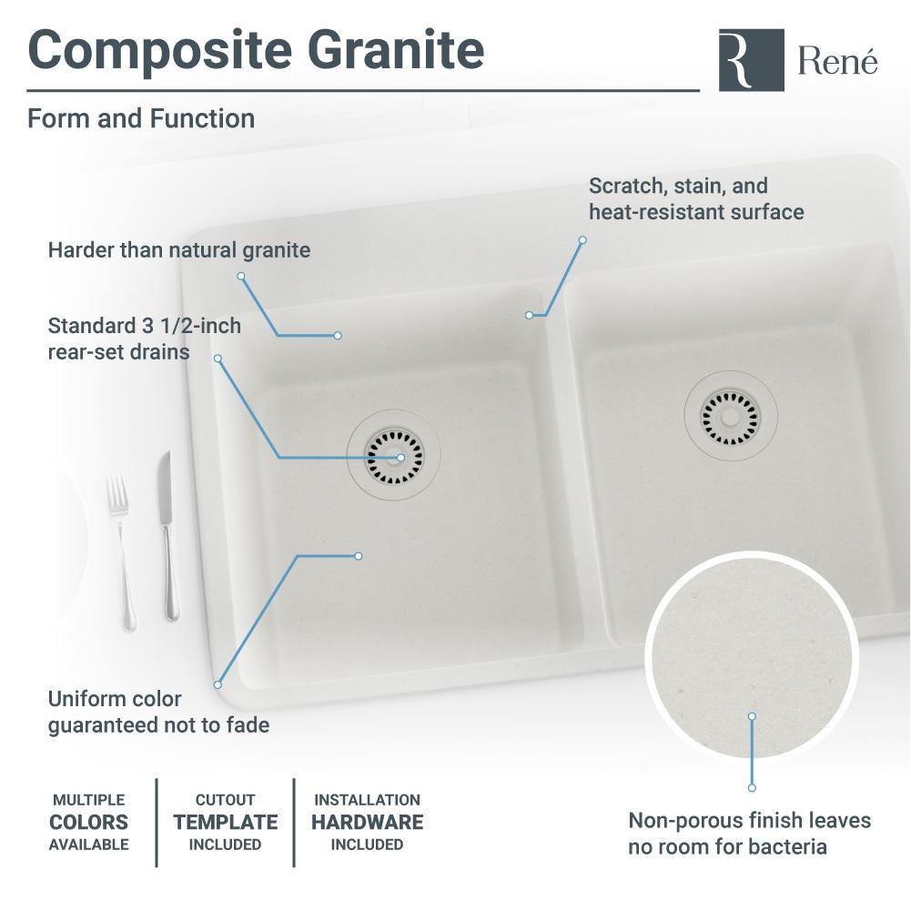 Rene 33" Composite Granite Kitchen Sink, 50/50 Double Bowl, Ivory, R3-2002-IVR-ST-CGF - The Sink Boutique