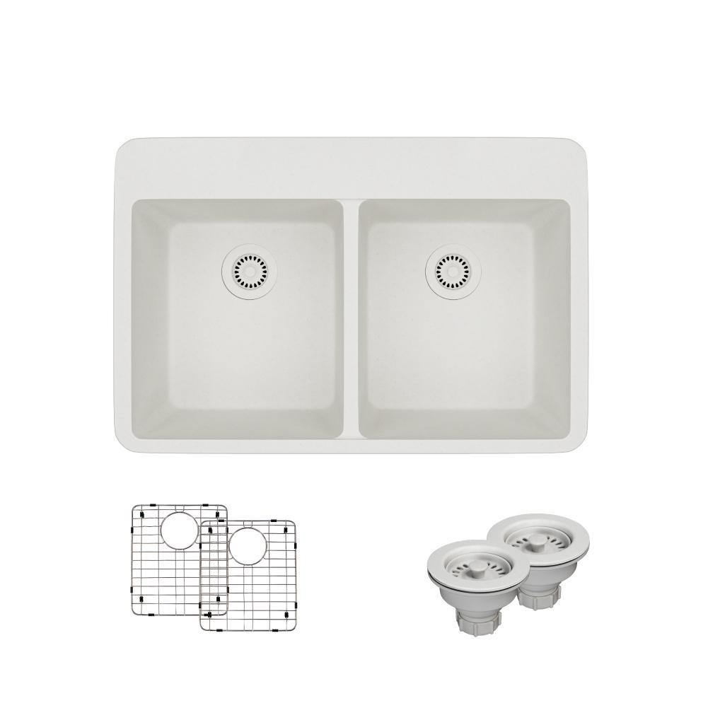Rene 33" Composite Granite Kitchen Sink, 50/50 Double Bowl, Ivory, R3-2002-IVR-ST-CGS