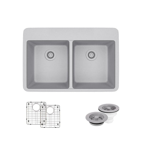Rene 33" Composite Granite Kitchen Sink, 50/50 Double Bowl, Pewter, R3-2002-PWT-ST-CGF