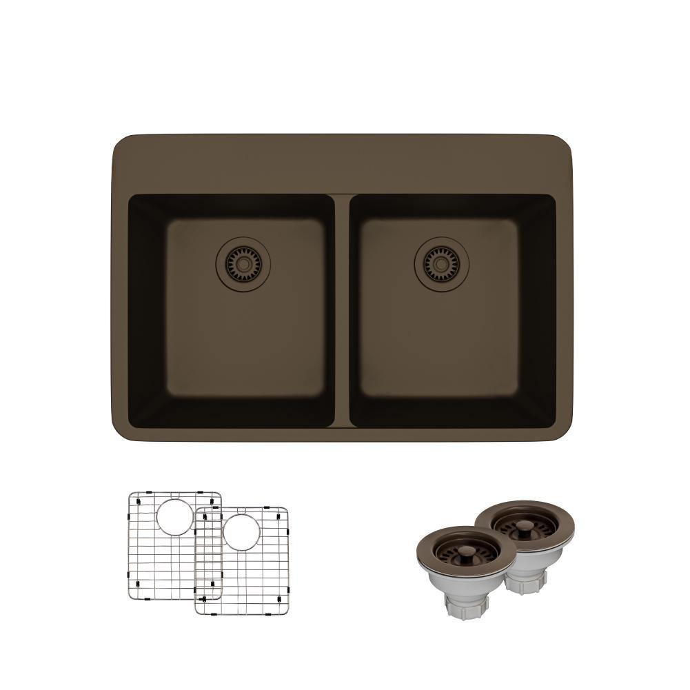 Rene 33" Composite Granite Kitchen Sink, 50/50 Double Bowl, Umber, R3-2002-UMB-ST-CGS