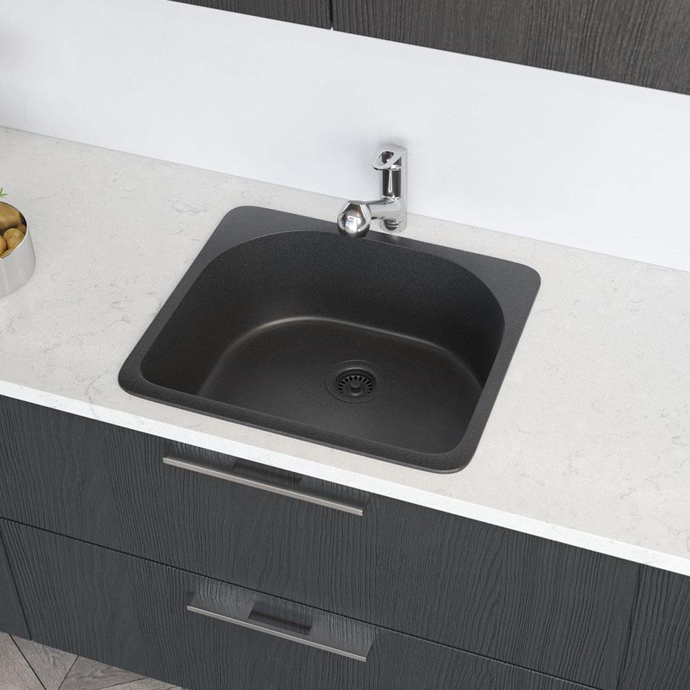 Rene 25" Composite Granite Kitchen Sink, Carbon, R3-2005-CAR-ST-CGF - The Sink Boutique