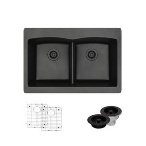 Alternate Image for Rene 33" Composite Granite Kitchen Sink, 50/50 Double Bowl, Carbon, R3-2007-CAR-ST-CGF