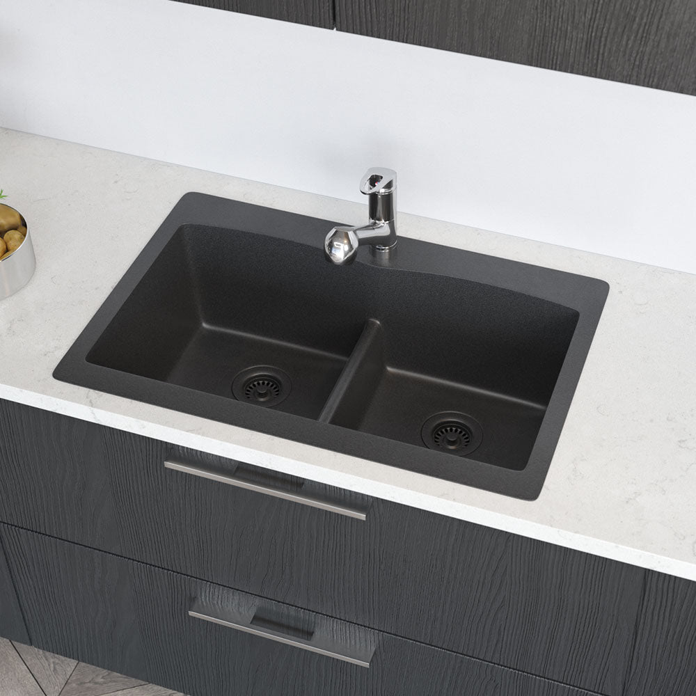 Rene 33" Composite Granite Kitchen Sink, 50/50 Double Bowl, Carbon, R3-2007-CAR-ST-CGF - The Sink Boutique