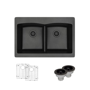 Alternate Image for Rene 33" Composite Granite Kitchen Sink, 50/50 Double Bowl, Carbon, R3-2007-CAR-ST-CGS