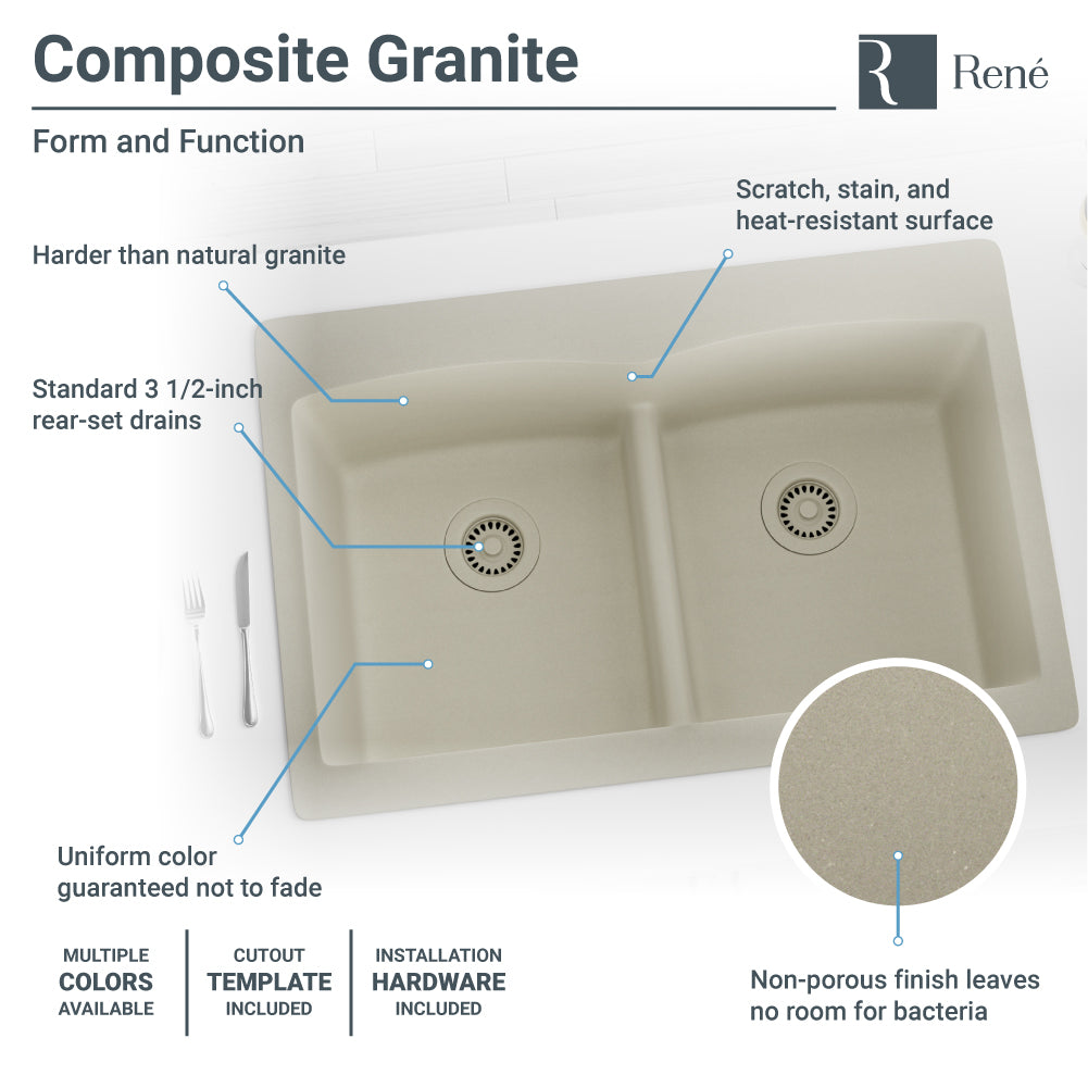 Rene 33" Composite Granite Kitchen Sink, 50/50 Double Bowl, Concrete, R3-2007-CON-ST-CGS - The Sink Boutique