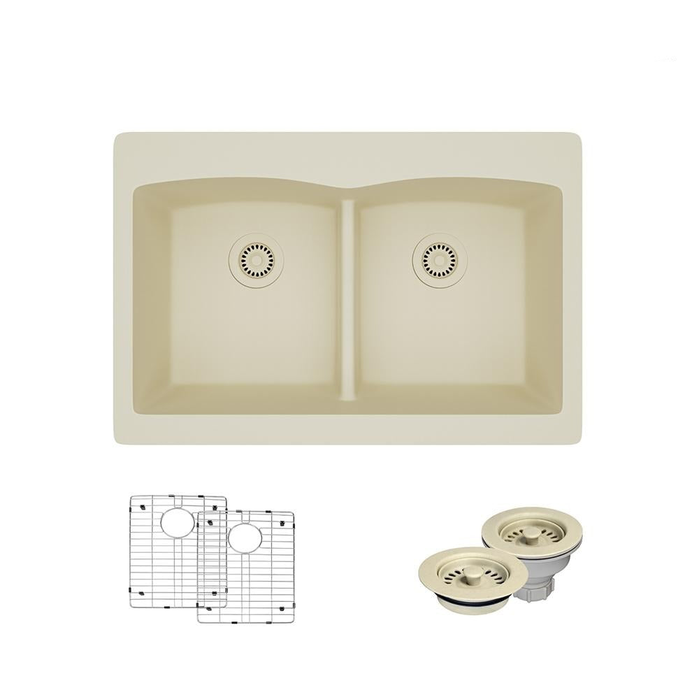 Rene 33" Composite Granite Kitchen Sink, 50/50 Double Bowl, Ecru, R3-2007-ECR-ST-CGF