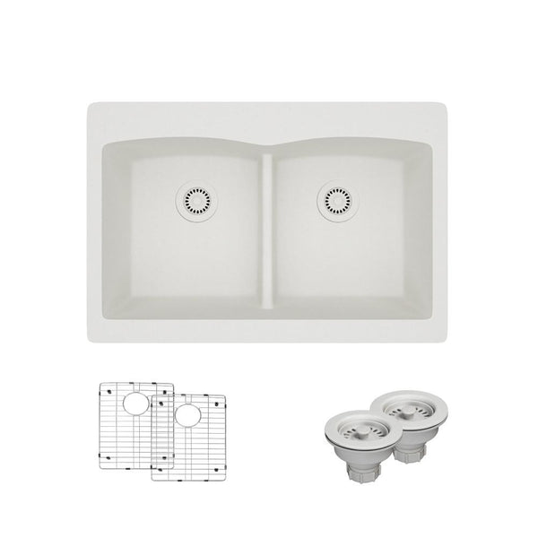 Rene 33" Composite Granite Kitchen Sink, 50/50 Double Bowl, Ivory, R3-2007-IVR-ST-CGS