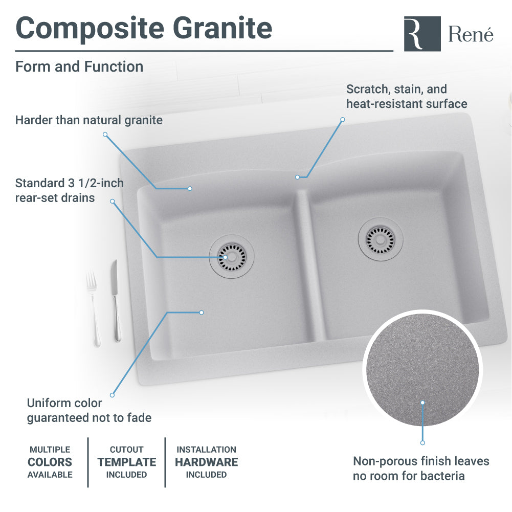 Rene 33" Composite Granite Kitchen Sink, 50/50 Double Bowl, Pewter, R3-2007-PWT-ST-CGF - The Sink Boutique