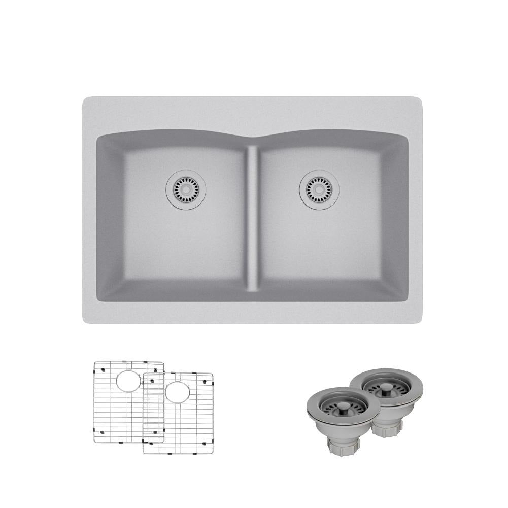 Rene 33" Composite Granite Kitchen Sink, 50/50 Double Bowl, Pewter, R3-2007-PWT-ST-CGS