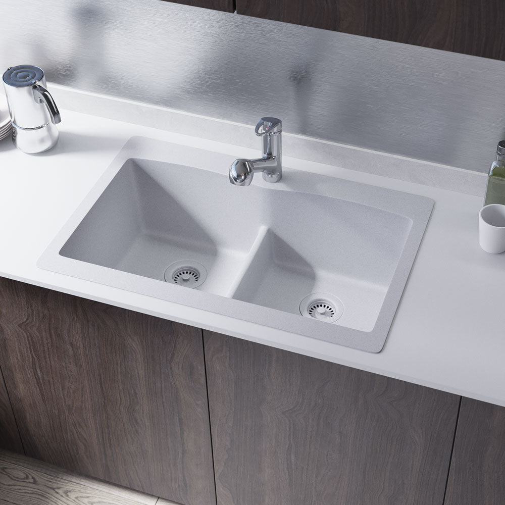 Rene 33" Composite Granite Kitchen Sink, 50/50 Double Bowl, Pewter, R3-2007-PWT-ST-CGS - The Sink Boutique