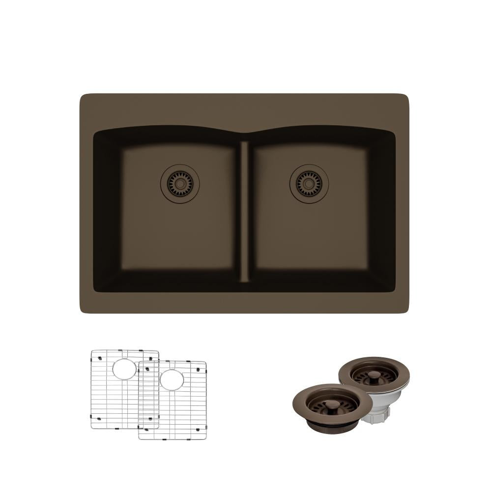 Rene 33" Composite Granite Kitchen Sink, 50/50 Double Bowl, Umber, R3-2007-UMB-ST-CGF