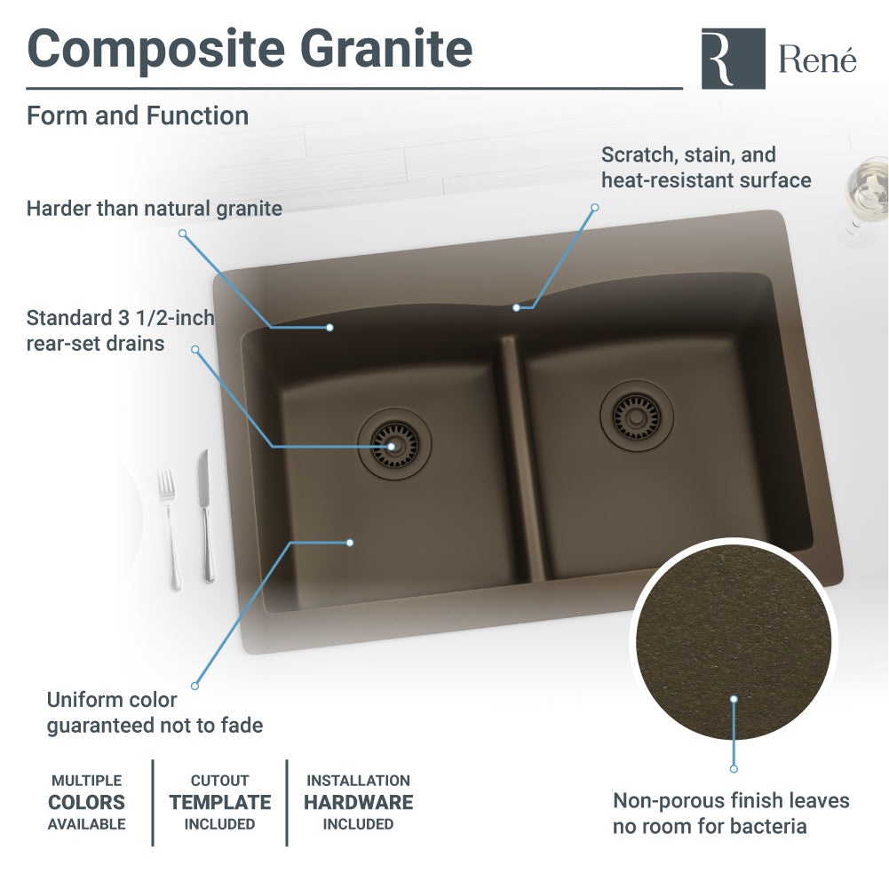 Rene 33" Composite Granite Kitchen Sink, 50/50 Double Bowl, Umber, R3-2007-UMB-ST-CGF - The Sink Boutique