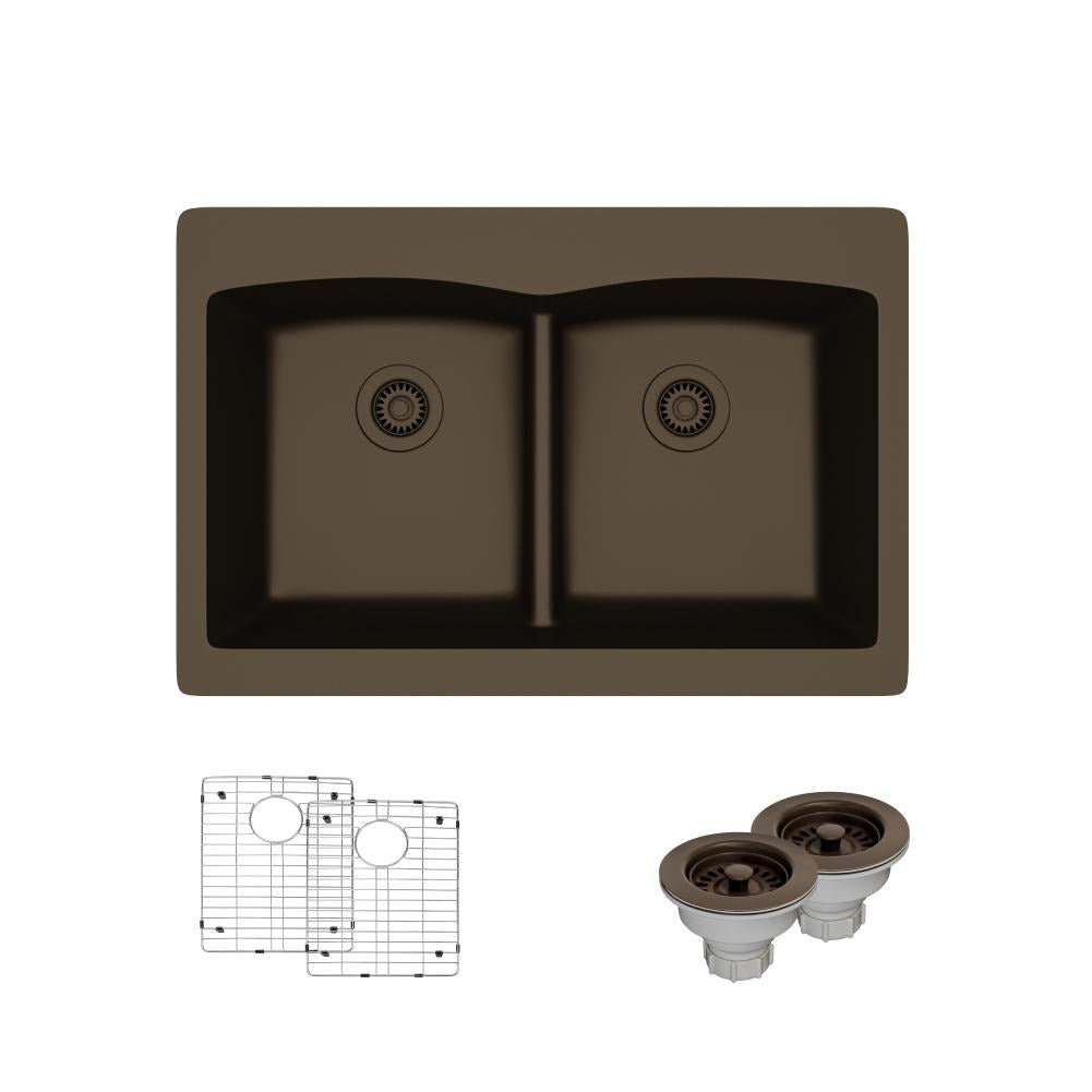 Rene 33" Composite Granite Kitchen Sink, 50/50 Double Bowl, Umber, R3-2007-UMB-ST-CGS
