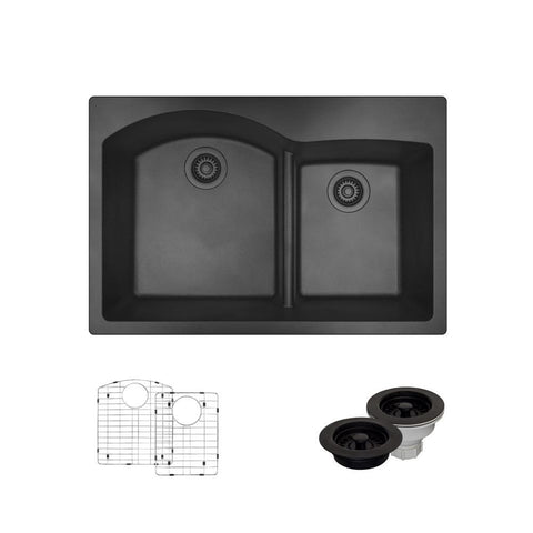 Rene 33" Composite Granite Kitchen Sink, 60/40 Double Bowl, Carbon, R3-2008-CAR-ST-CGF
