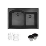 Rene 33" Composite Granite Kitchen Sink, 60/40 Double Bowl, Carbon, R3-2008-CAR-ST-CGS