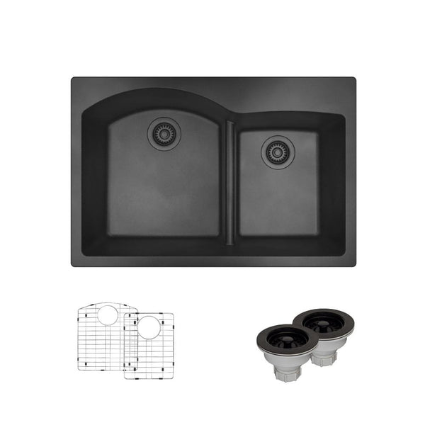 Rene 33" Composite Granite Kitchen Sink, 60/40 Double Bowl, Carbon, R3-2008-CAR-ST-CGS