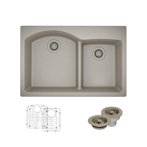 Rene 33" Composite Granite Kitchen Sink, 60/40 Double Bowl, Concrete, R3-2008-CON-ST-CGF