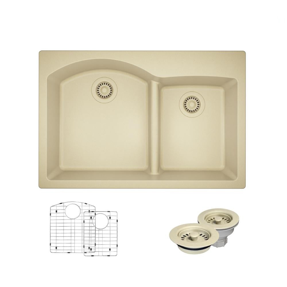 Rene 33" Composite Granite Kitchen Sink, 60/40 Double Bowl, Ecru, R3-2008-ECR-ST-CGF