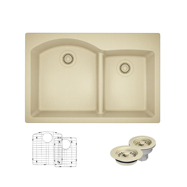 Rene 33" Composite Granite Kitchen Sink, 60/40 Double Bowl, Ecru, R3-2008-ECR-ST-CGF