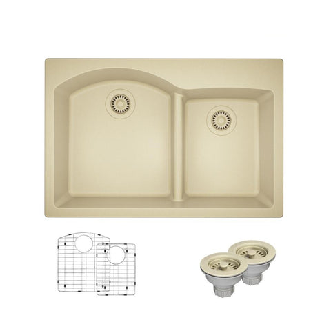 Rene 33" Composite Granite Kitchen Sink, 60/40 Double Bowl, Ecru, R3-2008-ECR-ST-CGS