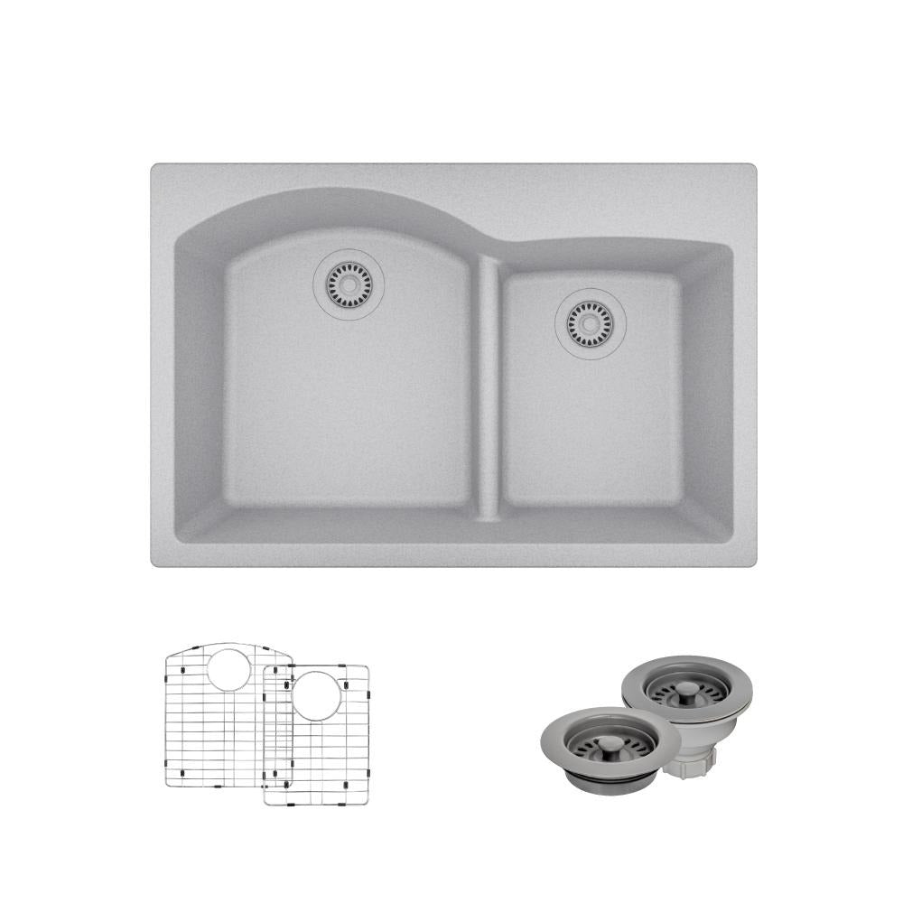 Rene 33" Composite Granite Kitchen Sink, 60/40 Double Bowl, Pewter, R3-2008-PWT-ST-CGF