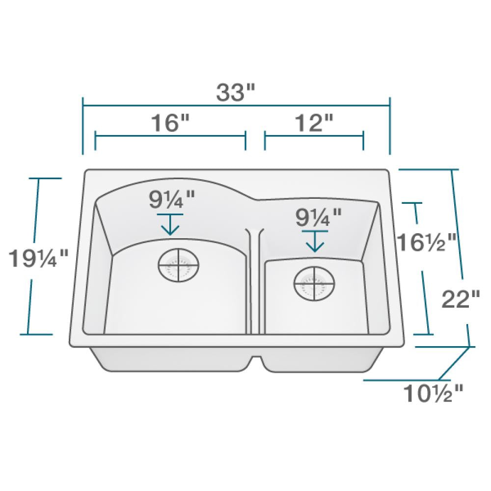 Rene 33" Composite Granite Kitchen Sink, 60/40 Double Bowl, Pewter, R3-2008-PWT-ST-CGF - The Sink Boutique