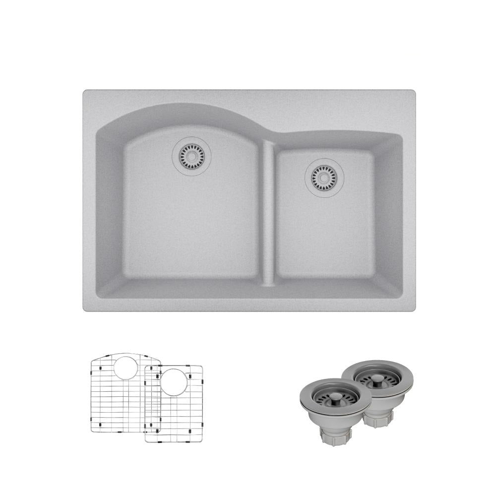 Rene 33" Composite Granite Kitchen Sink, 60/40 Double Bowl, Pewter, R3-2008-PWT-ST-CGS