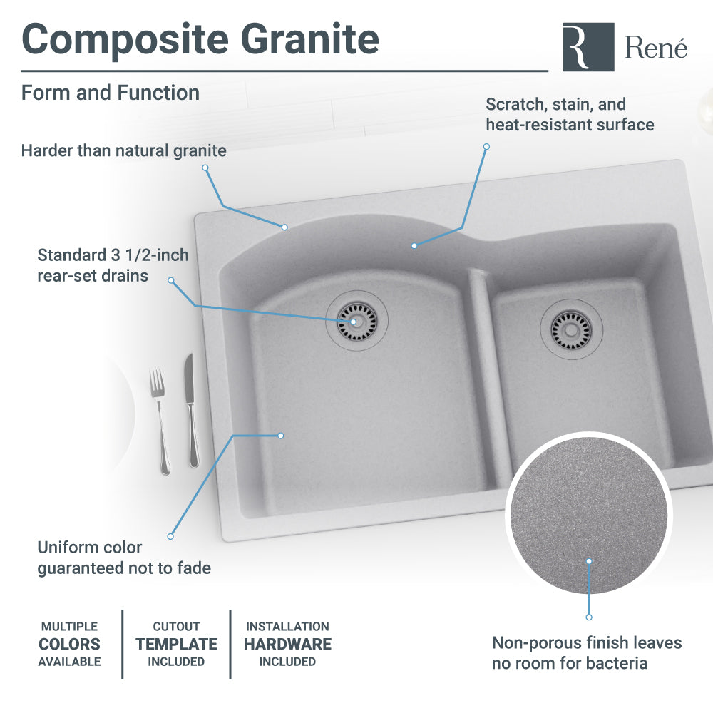 Rene 33" Composite Granite Kitchen Sink, 60/40 Double Bowl, Pewter, R3-2008-PWT-ST-CGS - The Sink Boutique