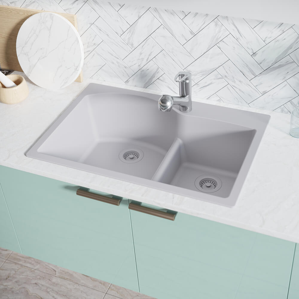 Rene 33" Composite Granite Kitchen Sink, 60/40 Double Bowl, Pewter, R3-2008-PWT-ST-CGS - The Sink Boutique