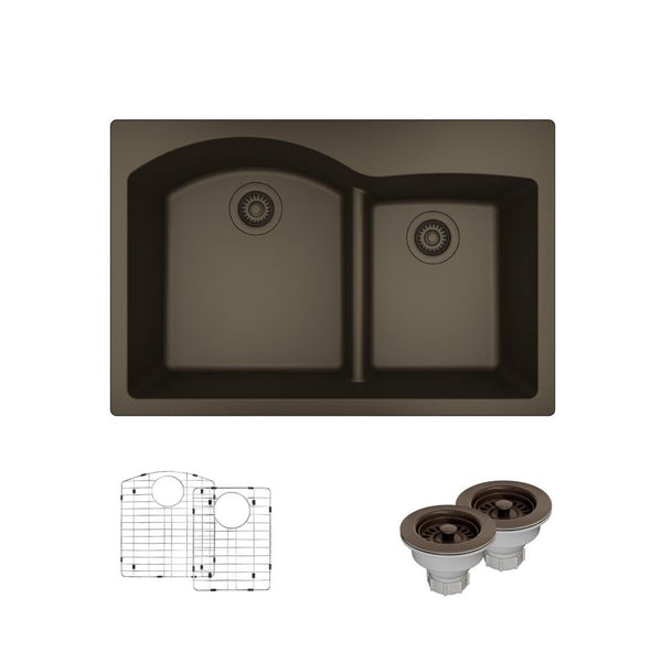 Rene 33" Composite Granite Kitchen Sink, 60/40 Double Bowl, Umber, R3-2008-UMB-ST-CGS