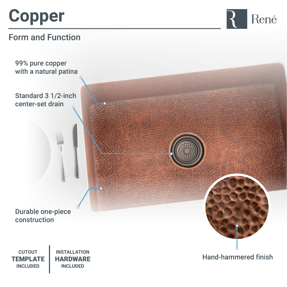 Rene 33" Copper Kitchen Sink, R4-1003-ST-C - The Sink Boutique