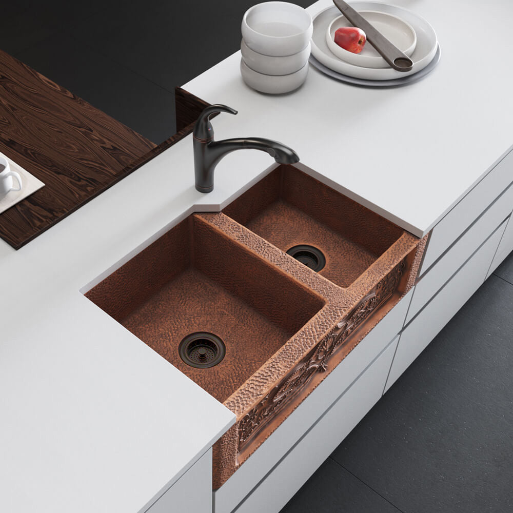 Rene 33" Copper Farmhouse Sink, 60/40 Double Bowl, R4-3001-ST-C - The Sink Boutique