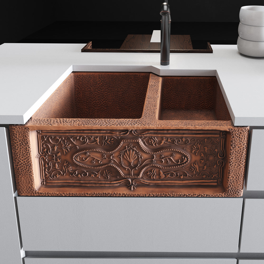 Rene 33" Copper Farmhouse Sink, 60/40 Double Bowl, R4-3001-ST-C - The Sink Boutique